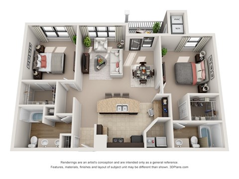 Floor plan for 2 beds, 2 baths, 1131 sqft